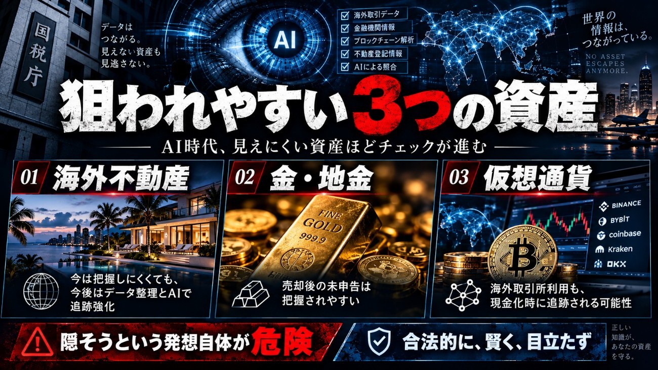 狙われやすい3つの資産 AI時代、見えにくい資産ほどチェックが進む 01 海外不動産/02 金・地金/03 仮想通貨